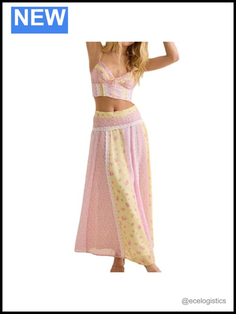 Silky Soft 95% Polyester 5% Spandex 2 Piece Floral Crop Top Pleated Maxi Skirt